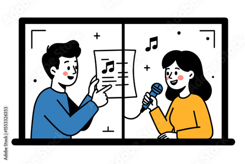 Cartoon Illustration of a Man and Woman Singing Karaoke Together, Sharing a Musical Moment