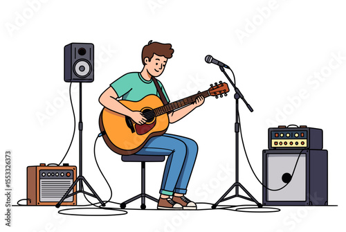 Acoustic Guitar Player Performing Live on Stage with Amplifiers and Microphone Illustration