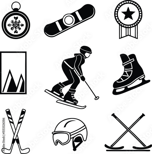 Skiing and Winter Sports Icon Set – Snowboard, Skier, Trophy, Medal Vector Illustration
