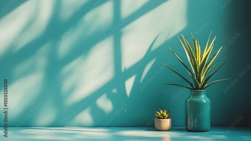 Elegant Indoor Plant Arrangement Against Soft Turquoise Wall Background Elegant Indoor Plant Arrangement Against Soft Turquoise Wall Background