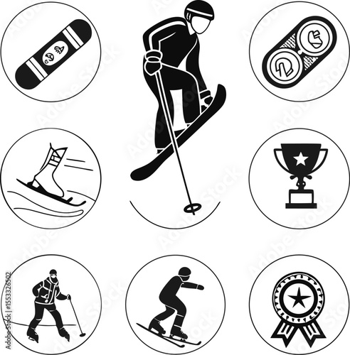 Skiing and Winter Sports Icon Set – Snowboard, Skier, Trophy, Medal Vector Illustration