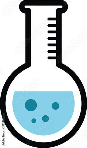 A simple illustration of a laboratory flask filled with blue liquid, bubbles included.