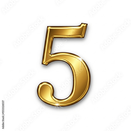 Drawing of a namber 5 gold isolated on a white background
