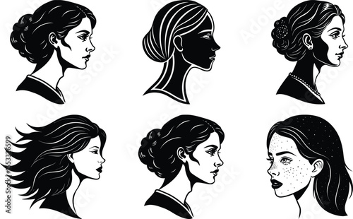 silhouette of beautiful profile of woman face concept beauty and fashion  black silhouette outline avatars on white background