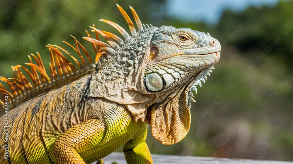 Fototapeta premium Closeup profile of a vibrant green and orange iguana