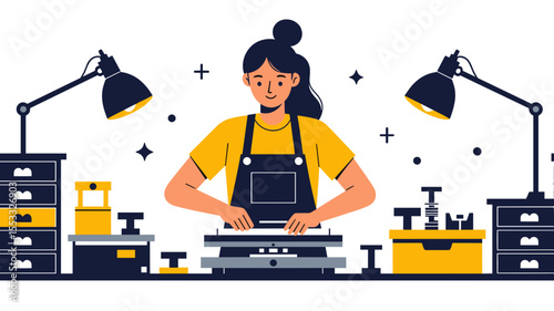 Illustration of a woman working at a jewelry making workbench with tools and lamps, crafting and designing pieces with precision and care