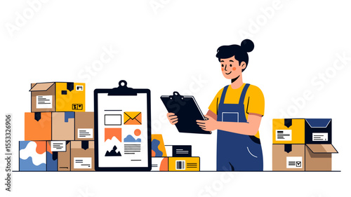 Cartoon Illustration of a Delivery Worker Checking Packages on a Clipboard for Shipping and Logistics