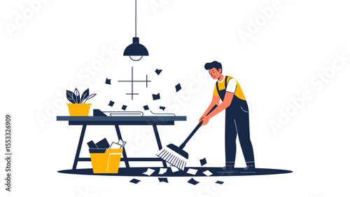 Man Sweeping Up Scattered Paper in a Room, Cleaning Service Illustration with Yellow Accents
