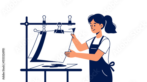 Woman Artist Working on Cyanotype Print in Studio, Creating Blueprint Photography with Chemicals and Light, Vector Illustration