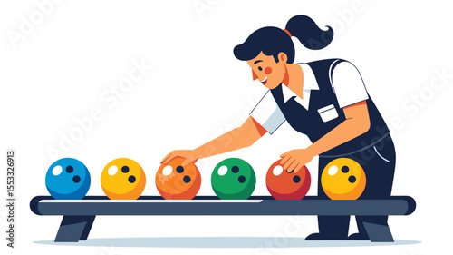 Woman Arranging Colorful Bowling Balls on a Rack Illustration for Bowling Alley or Sports Concept
