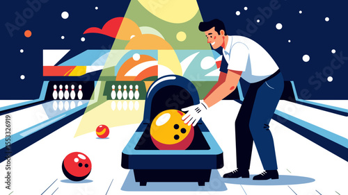 Man preparing to bowl in a bowling alley, setting up the yellow bowling ball in the ball return system illustration
