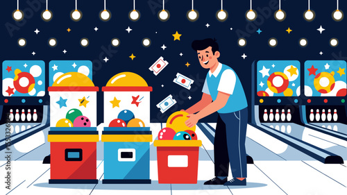 Bowling Alley Illustration with Player, Bowling Balls, Lanes, and Arcade Games, a Fun Leisure Activity