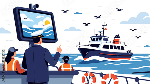 Cartoon Illustration of a Captain and Crew Observing a Ship at Sea with Birds Flying Above