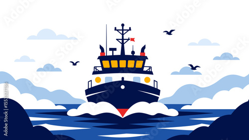 Illustration of a Blue and White Tugboat Sailing on the Ocean with Clouds and Seagulls in the Sky