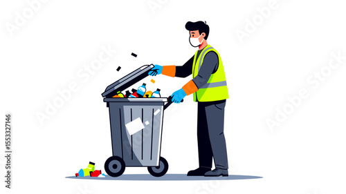 Cartoon Illustration of a Sanitation Worker Emptying a Trash Can, Emphasizing Waste Management and Public Health