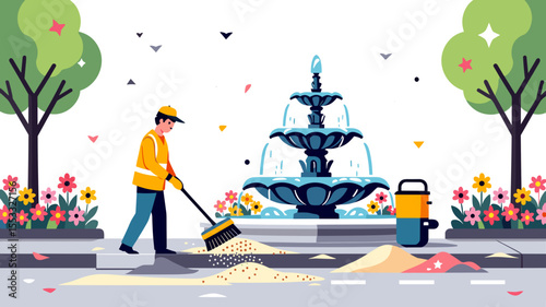 City Worker Sweeping Leaves Near a Fountain, Maintaining Cleanliness and Order in a Public Space Illustration