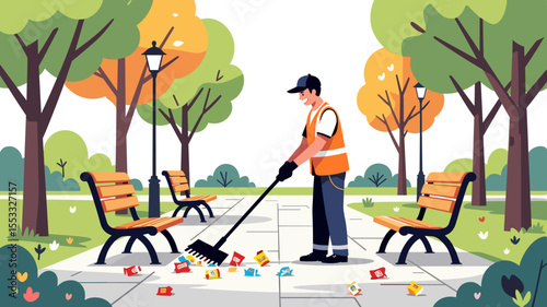 Cartoon Illustration of a Street Cleaner Sweeping Litter in a Park with Benches and Trees