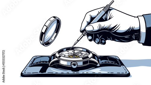 Illustration of a Watchmaker Repairing a Luxury Watch with a Loupe and Precision Tools