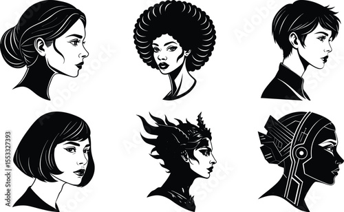 silhouette of beautiful profile of woman face concept beauty and fashion  black silhouette outline avatars on white background