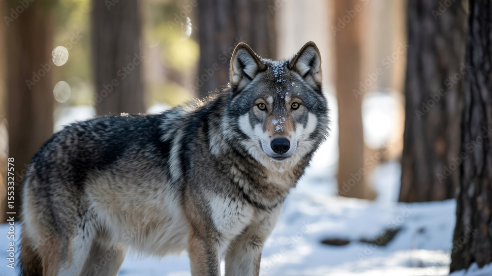 Obraz premium Gray wolf standing in a snowy forest