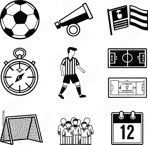 Football (Soccer) Icon Set – Ball, Goalpost, Player, Field, Trophy Vector Illustration