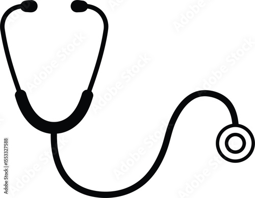 Black and white illustration of a stethoscope, a medical instrument used for listening to internal sounds.