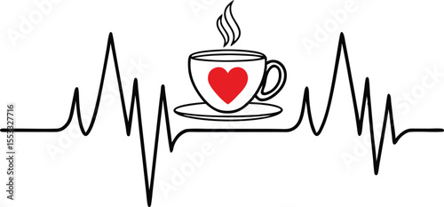 A steaming cup of coffee with a red heart symbol on its surface rests on a saucer centered within a black electrocardiogram heartbeat line on a white background