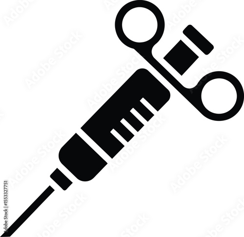 Black silhouette of a syringe, medical tool, graphic representation.
