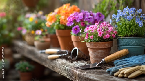 Wallpaper Mural Colorful spring flowers in terracotta pots on a wooden shelf with gardening tools Torontodigital.ca