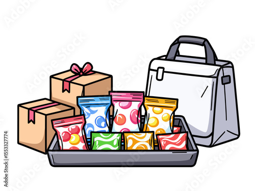 Cartoon Illustration of Packed Lunch Boxes, Candy Bags, and Shipping Boxes for Delivery Service