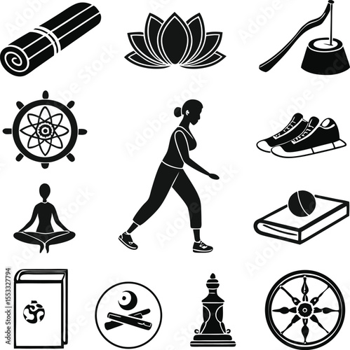 Yoga and Wellness Icon Set – Meditation, Mats, Essential Oils Vector Illustration