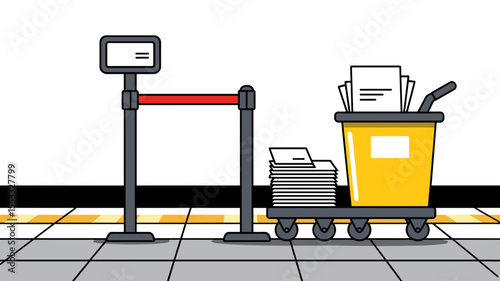 Illustration of a Document Cart with Papers Behind a Queue Barrier, Depicting Bureaucracy and Waiting