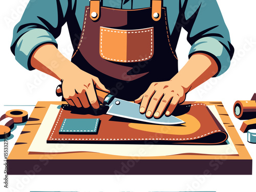 Close-up of a Craftsman Cutting Leather with a Knife in a Workshop Setting, Demonstrating Precision and Skill