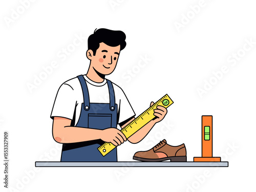 Cartoon Illustration of a Cobbler Carefully Measuring a Shoe with a Ruler in His Workshop