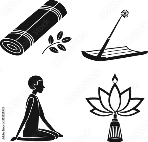 Yoga and Wellness Icon Set – Meditation, Mats, Essential Oils Vector Illustration