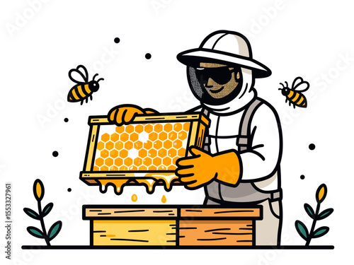 Beekeeper Inspecting Honeycomb Frame with Bees in Apiary Illustration, Vector Graphic