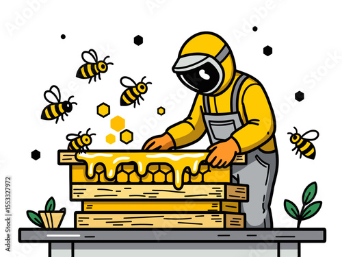 Cartoon Beekeeper Harvesting Honey from a Beehive Surrounded by Bees Illustration