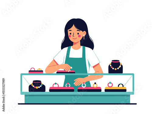 Illustration of a Jewelry Store Clerk Arranging Rings and Necklaces in a Display Case with a Cheerful Demeanor