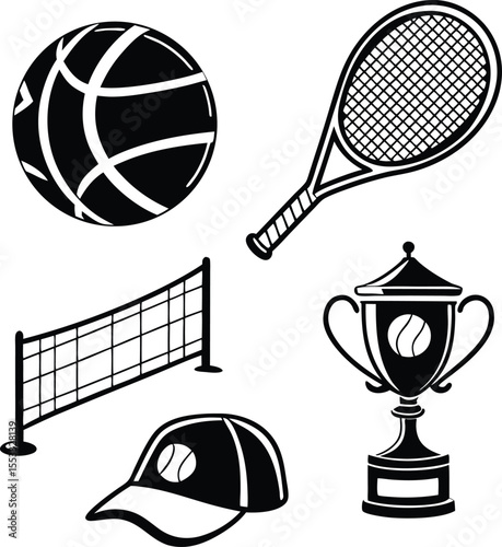 Tennis and Volleyball Icon Set – Ball, Racket, Trophy, Net Vector Illustration