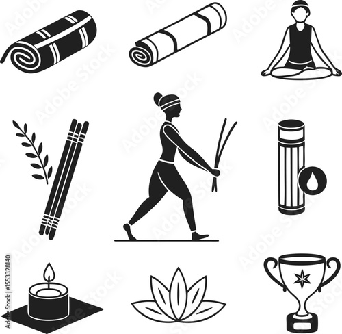 Yoga and Wellness Icon Set – Meditation, Mats, Essential Oils Vector Illustration