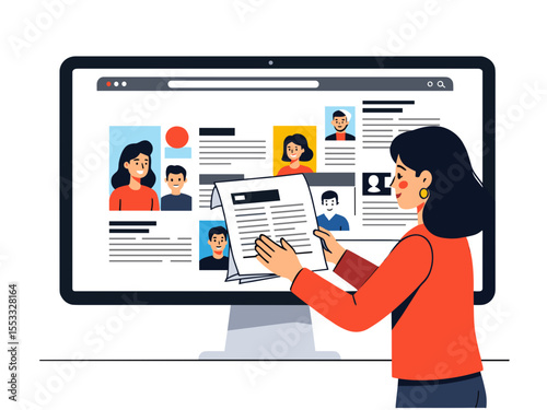 Online Job Application Process: Woman Reviewing Resumes on a Computer Screen Illustration