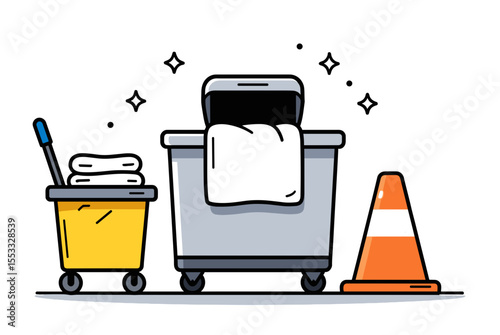 Hotel Housekeeping Service Illustration with Cleaning Cart, Laundry Bin, and Safety Cone