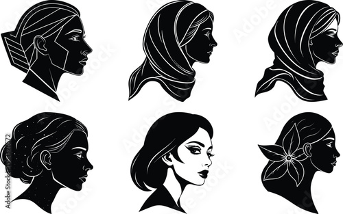 silhouette of beautiful profile of woman face concept beauty and fashion  black silhouette outline avatars on white background