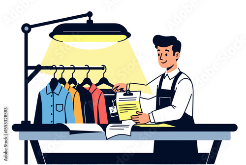Cartoon Illustration of a Tailor or Shopkeeper Inspecting Clothes with a Clipboard in a Clothing Store
