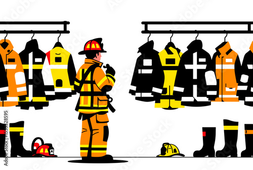 Firefighter Preparing Gear: Illustration of a Fireman Choosing Protective Clothing and Equipment from a Rack