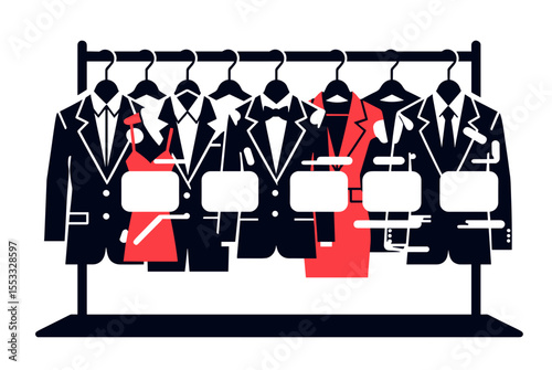 Elegant Suits and Dresses Hanging on a Rack, Fashion Boutique Clothing Collection Illustration