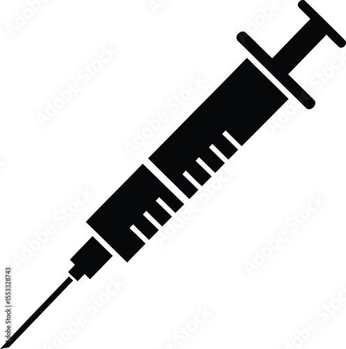 A simple black silhouette of a medical syringe, ready for injection.
