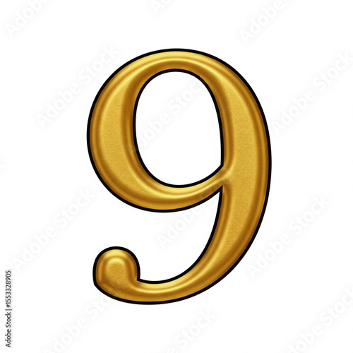 Drawing of a namber 9 gold isolated on a white background