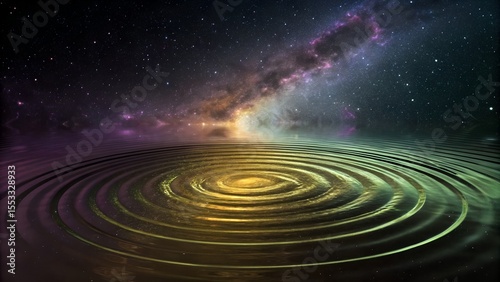 Serene meditative background with cosmic sky and colorful reflections on calm water ripples