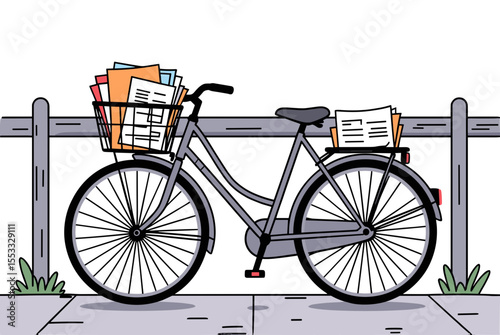 Illustration of a Bicycle Carrying Documents in a Basket, Parked by a Fence on a Sidewalk